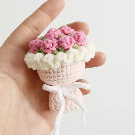 Handmake Crochet Rose Bouquet Keychain Creative Mini Floral Bouquet Knitting Keyrings For Gifts Cute Flower Keychain Wholesale